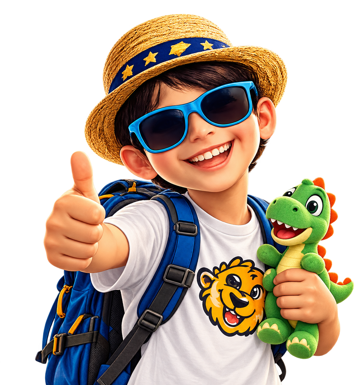 Lázaro con su sombrero, lentes azules y dinosaurio invita a aprender