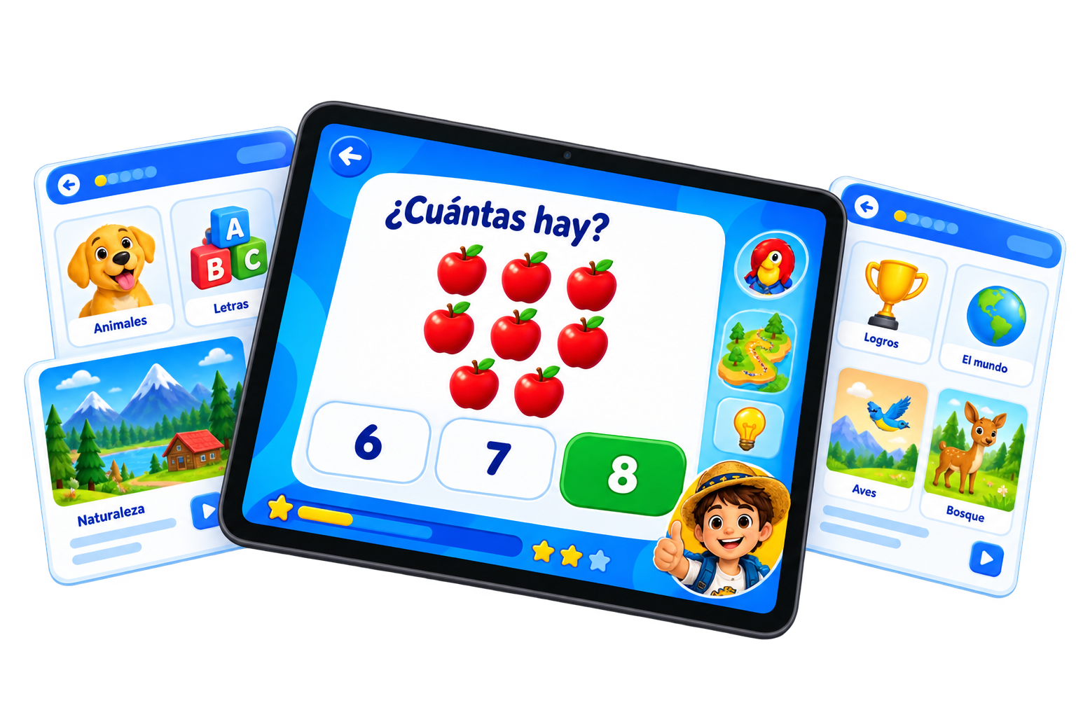 Ilustración de una tablet con actividades de matemáticas y tarjetas educativas